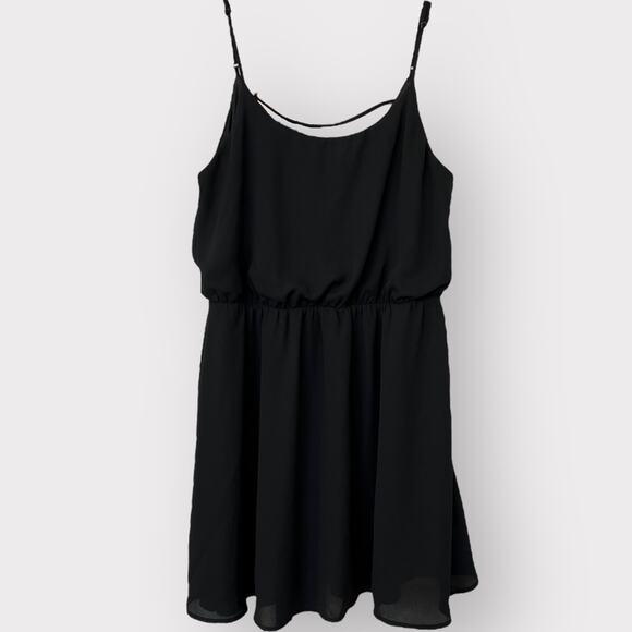 Everly | Black Mini Dress | Cami Spaghetti Strap | V Back | Gathered Waist Large - Picture 1 of 8